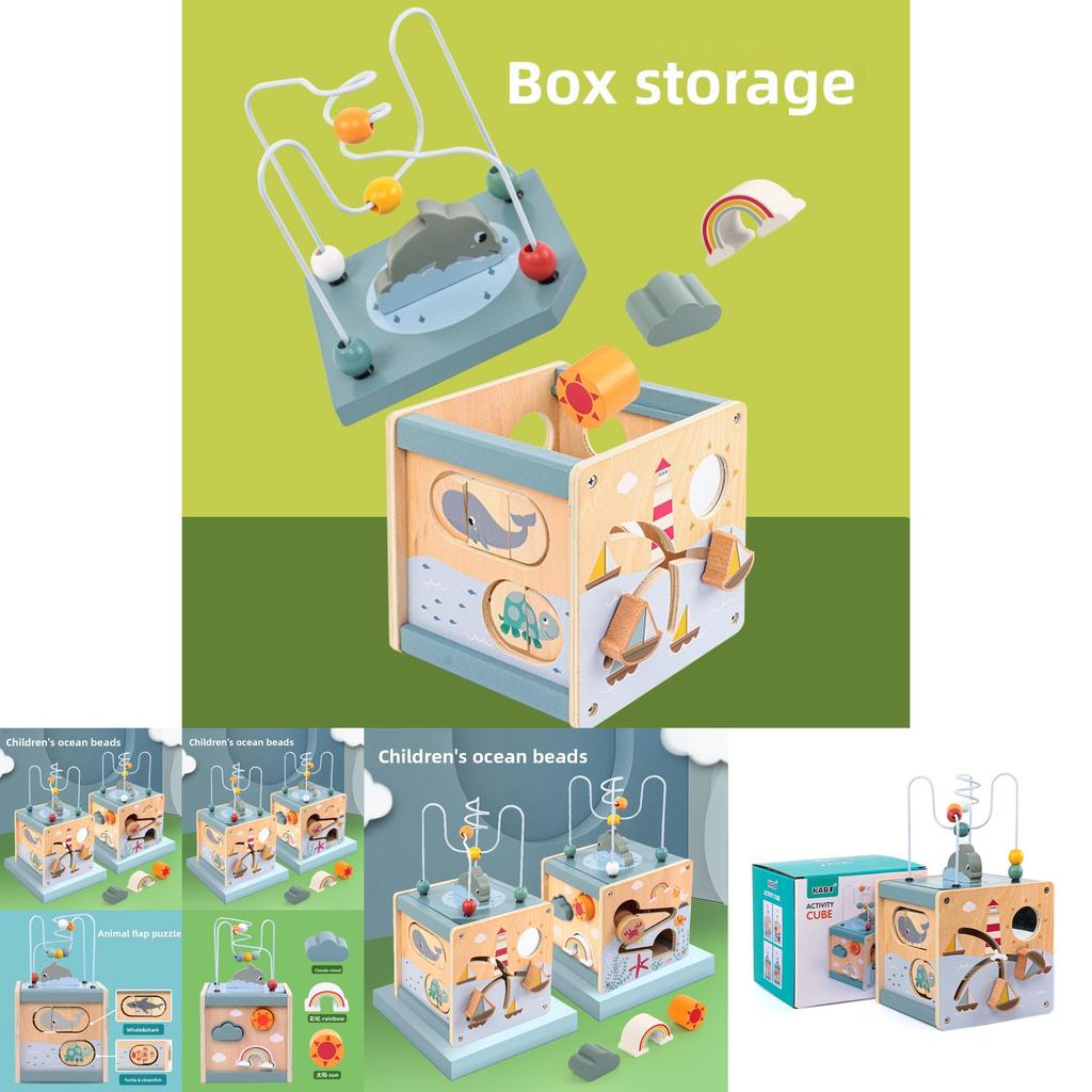 Деревянная игровая коробка «Океан» с морским лабиринтом из бусин и скользящей дорожкой для обучения и развития малышей