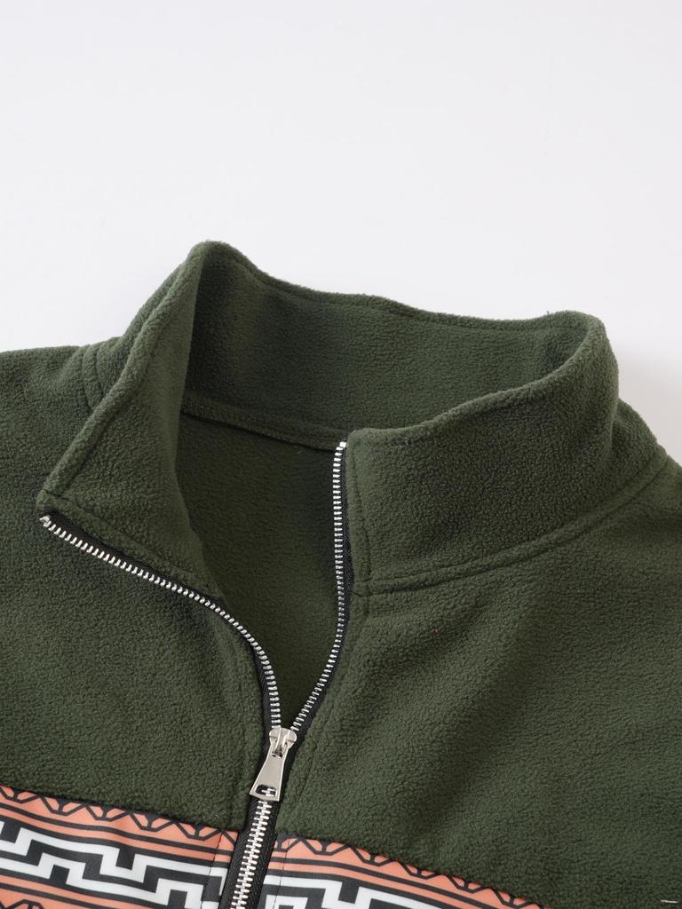 Мужская осенне-зимняя флисовая толстовка с полумолнией, воротником-стойкой, цветовыми блоками и жаккардовым узором