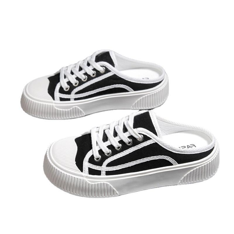 Женские туфли из парусины с полуперетаскиванием 2024 года, лето, новая корейская версия, студенческая сумка, без каблука, ленивые туфли с одной педалью