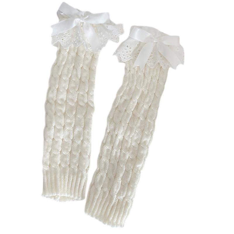 Women Autumn Ruffled Lace Bowknot Leg Warmers Japanese Lolita Twist Cable Knitted Foot Covers Student Stretch Calf Socks