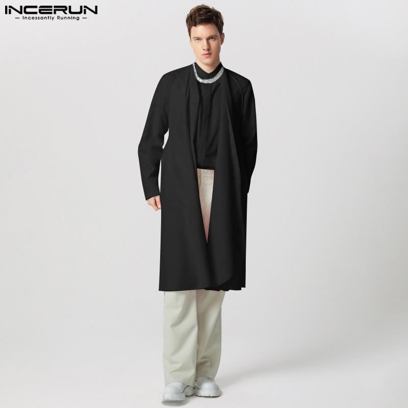 INCERUN Мужские рубашки с воротником-стойкой, длинным рукавом, пуговицами, слоями, повседневные топы