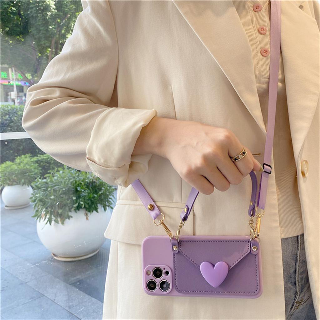 Crossbody Lanyard Necklace Strap Card Holder Purple Case for iPhone 11 15 16 14 Pro Max X XS XR Max Coin Purse Cover
