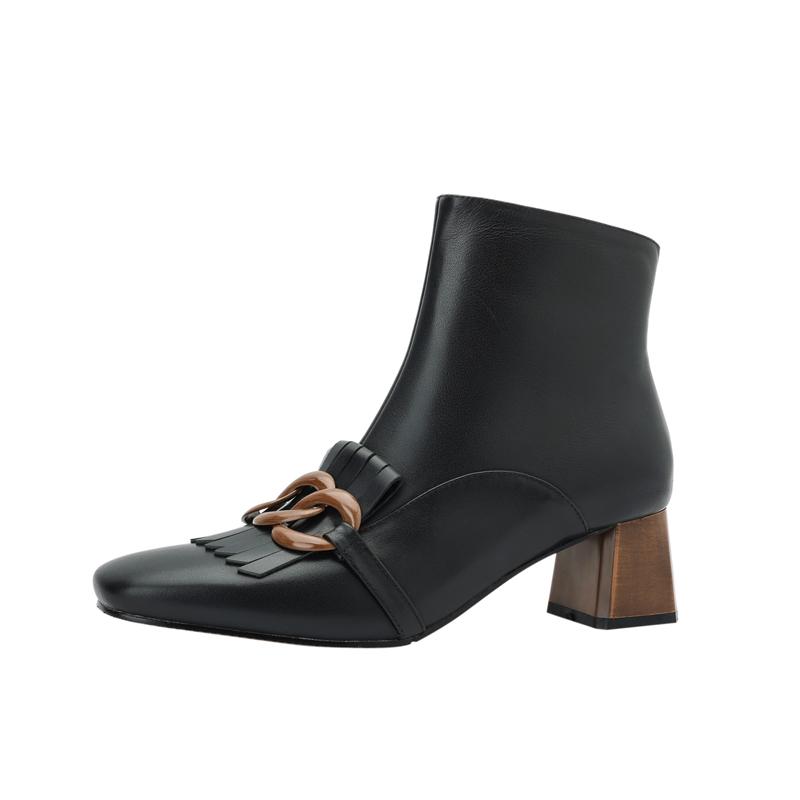 Мода 2025 Новая Женская Обувь Бахрома Женские Ботинки Зимние Ботильоны Zapatos De Mujer Женские Ботинки Квадратный Носок Натуральная Кожа Черные Ботинки