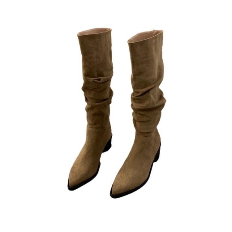 Сапоги женские выше колена 2024 Новые рыцарские сапоги Осенние и зимние женские сапоги Рыцарские сапоги на грубом каблуке Плиссированные ворсовые сапоги Сапоги Сапоги