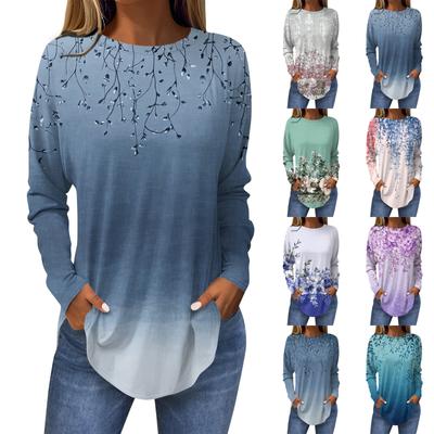Женская свободная футболка с длинным рукавом с круглым вырезом и принтом, верхний пуловер