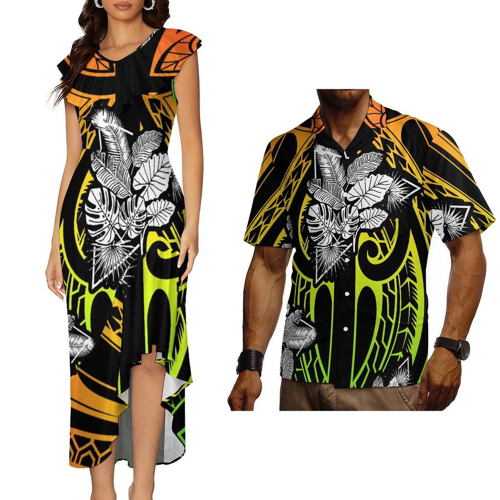 Polynesian Tribal Traditional Samoan Puletasi Dress for Women Custom Elegant Dresses Vintage Floral Dress Couple Set