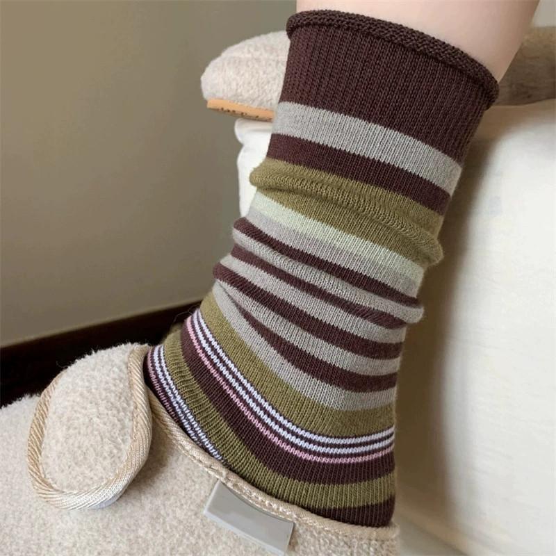 1 Pair/4 Pairs Women's Korean Retro Striped Socks, Mulard Color Blocking Ankle Socks, Breathable Cotton Birkentragen Stacking Socks