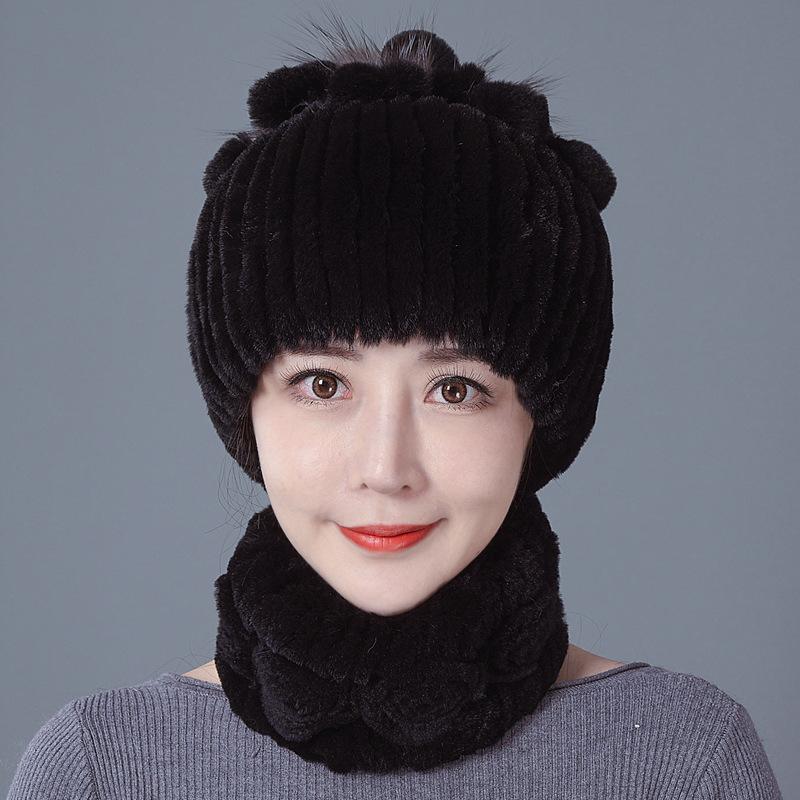 Шапка из меха кролика, женская зимняя мода, универсальная, теплая, зимняя защита для ушей, шарф из меха кролика Рекс, комплект из двух предметов, меховой костюм из меха