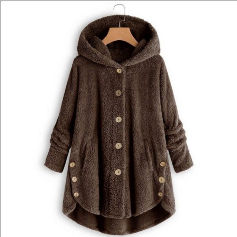 Women's Coat Button Plush Solid Color Hooded Jacket