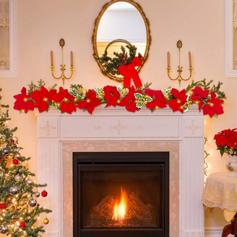 2m 10LED Christmas Poinsettia Flowers Decorations Garland String Lights with Red Berries Leaves Xmas Tree Ornaments