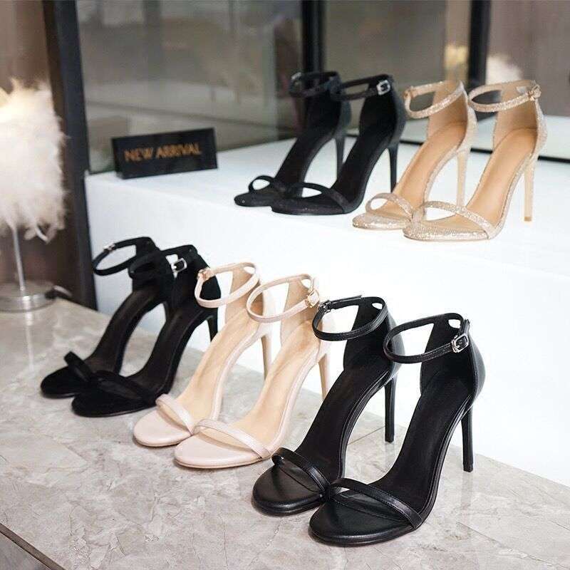 Sexy One-word Buckle Sandals 2025 New Summer Versatile High Heels Stiletto Black Women's Shoes Fairy Style Sw