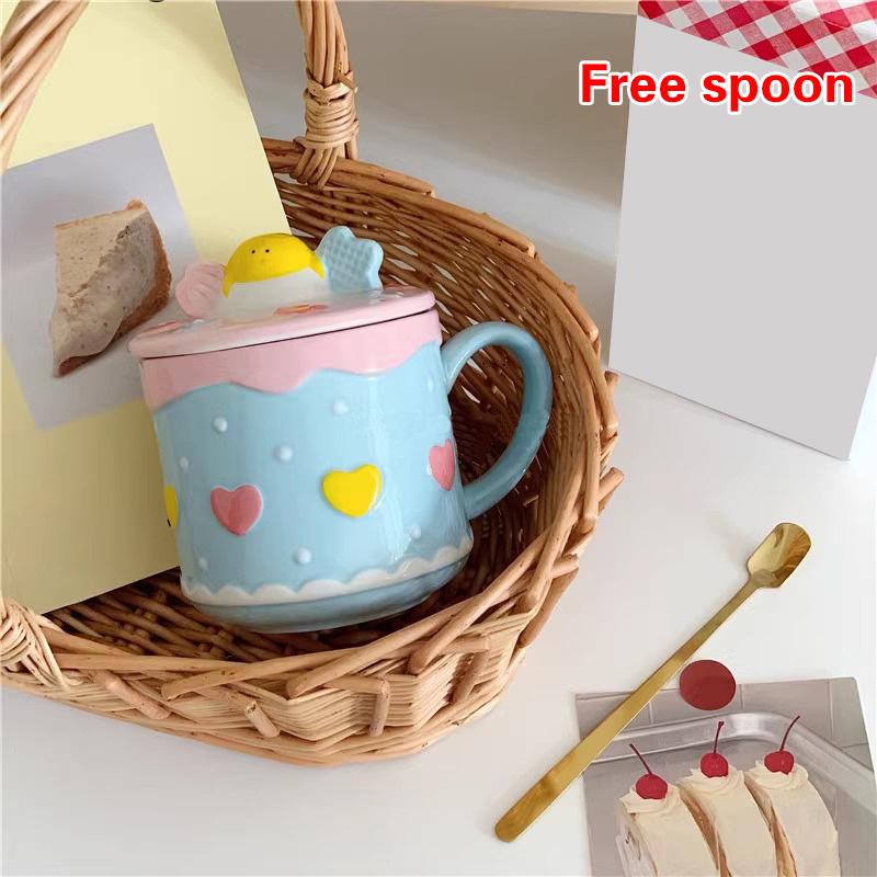 1Pcs 390Ml Ceramic Cup High Value Mug Strawberry Cake Cup Girls Cute Water Cup With Lid Home Milk Breakfast Cup