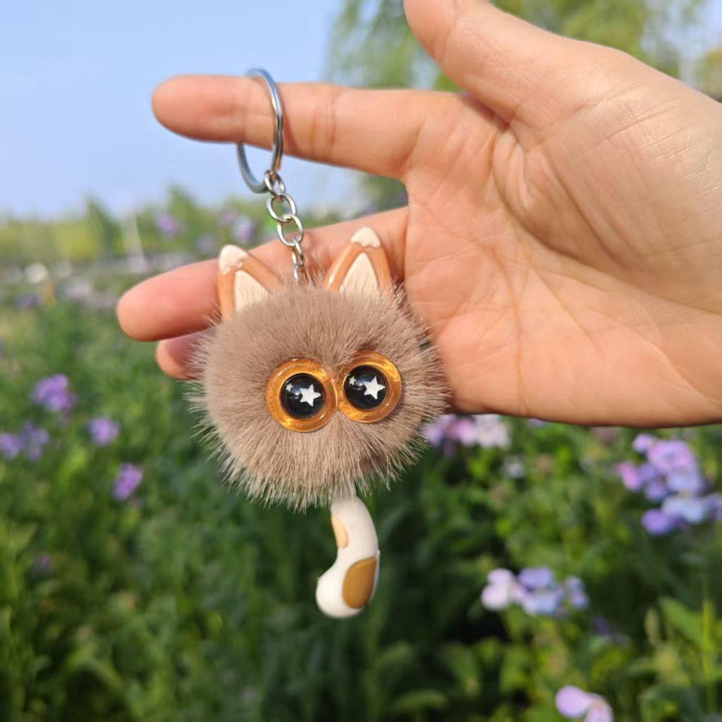 Adorable Rex Rabbit Fur Kitten Keychain - Plush Heart Cartoon Design with Free Shipping