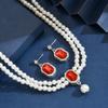 Ladies Two Layer Pearl Shines Oblong Crystal Necklace & Ear Drop Jewelry Set