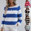 Женский и зимний вязаный свитер с цветными вставками, круглым вырезом, длинными рукавами, в полоску