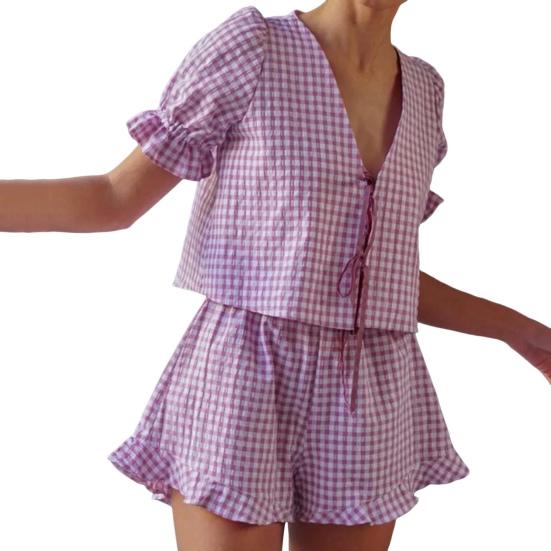 2 шт./компл. женский топ с шортами, комплект на шнуровке с бантом, декор с пышными рукавами, богемный стиль, глубокий V-образный вырез, рюшами в клетку, с принтом, свободная блузка с эластичной резинкой на талии, комплект брюк