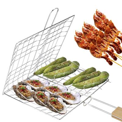 Многоразовый держатель-клипса для мяса и рыбы из нержавеющей стали, складной коврик для гриля барбекю, инструмент для приготовления на гриле, деревянная ручка, сетка для гриля, корзина для гриля