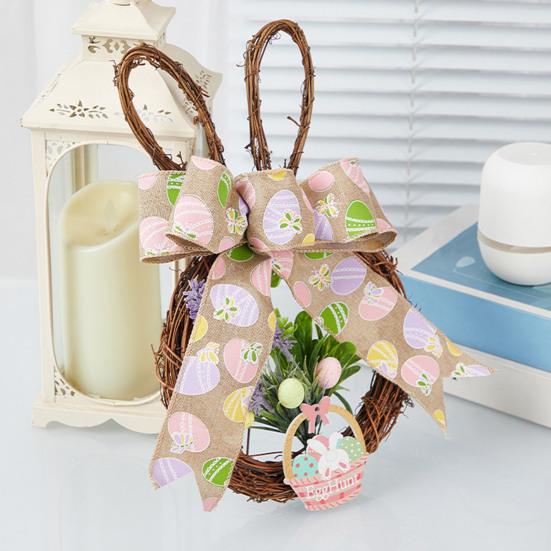 Венок пасхального кролика из ротанга, плетеный в форме кролика, венок с бантом, искусственная зелень для камина, двери, стены, окна, декор