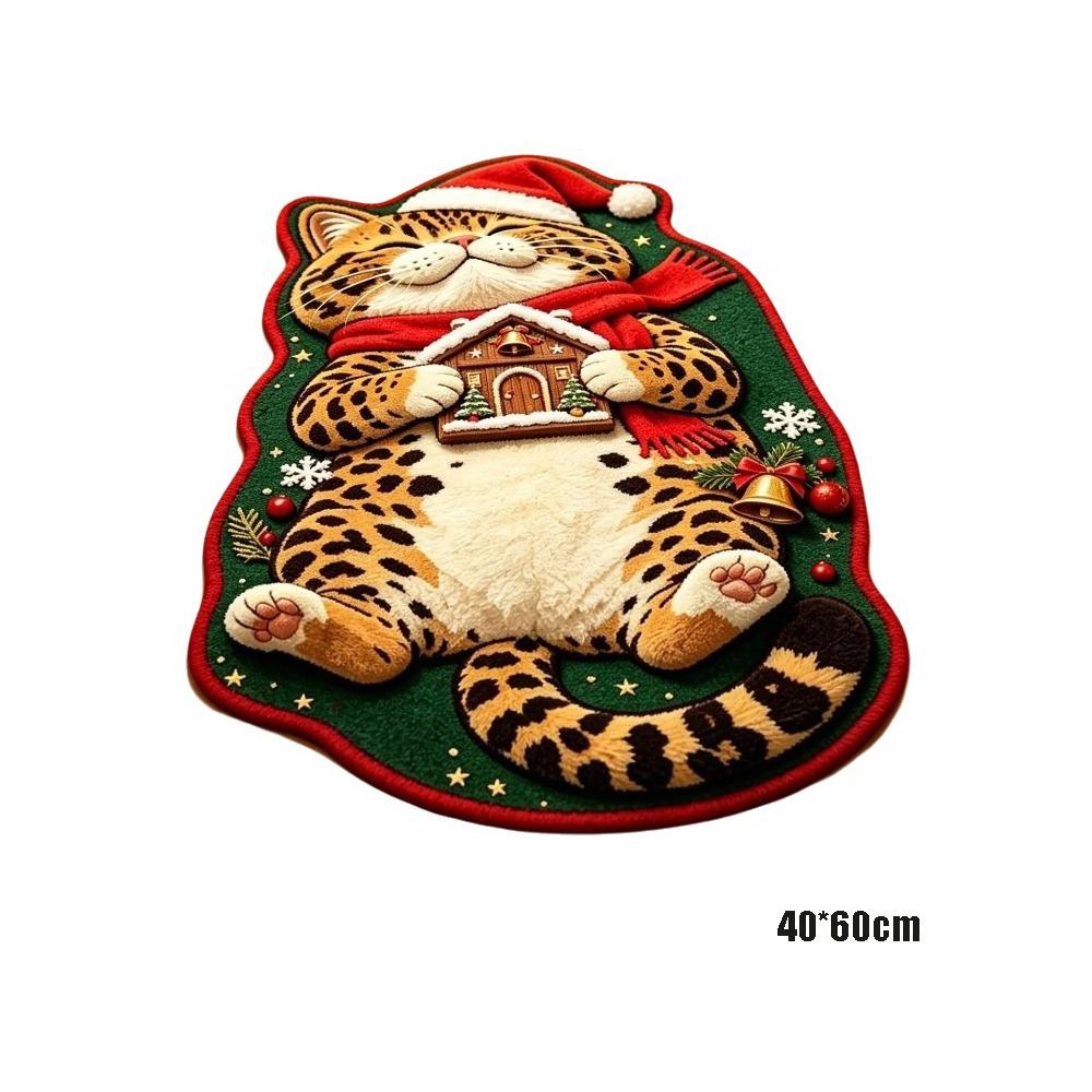 Plush Sleeping Cat Floor Mat Red and Green Cartoon Doormat Carpet Entryway Decor