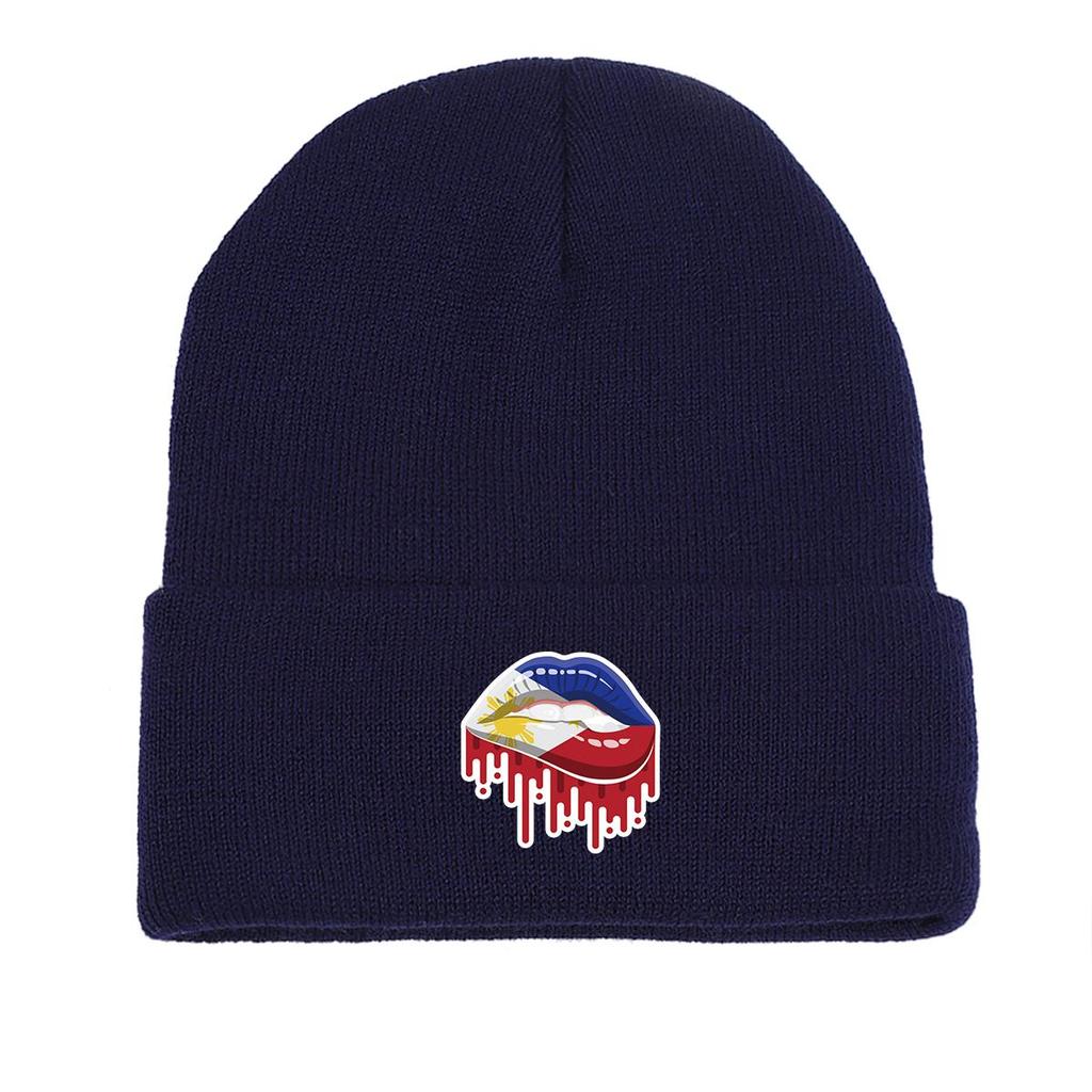 Lip Flag of Philipines Winter Knit Hat Beanie, Patriotic Skull Cap Thermal Slouchy Solid Bonnet Knitted Cap Beanie