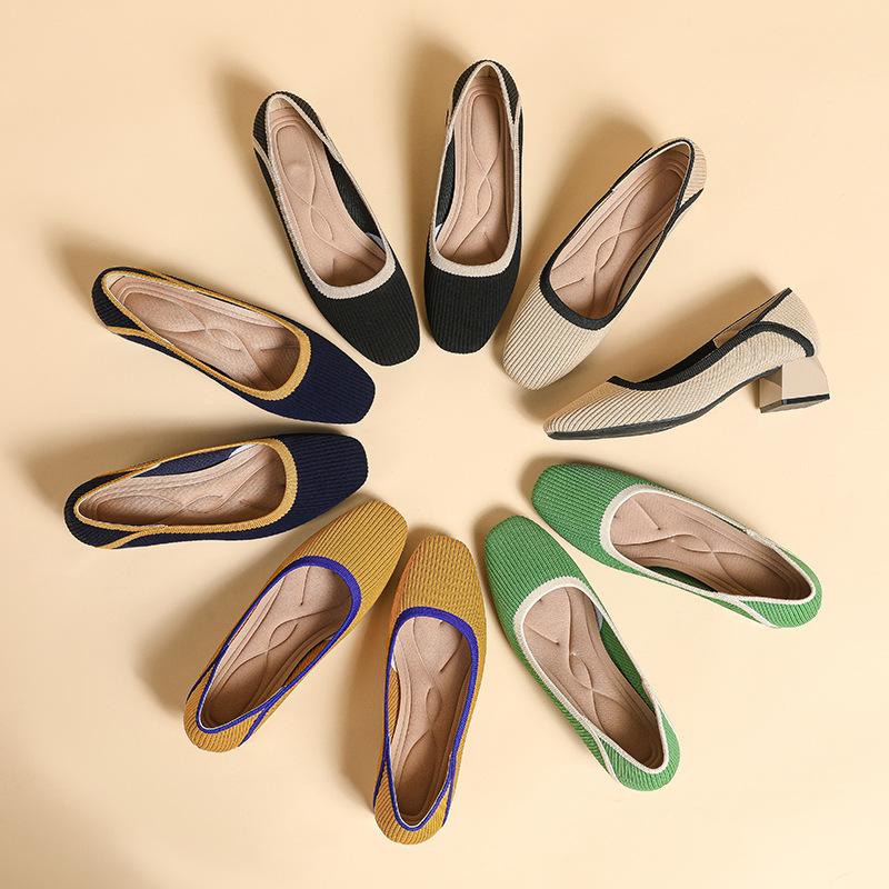 Туфли на каблуке для женщин Вязаные туфли-лодочки Женские модельные туфли на низком каблуке Офисные повседневные туфли с квадратным носком на массивном каблуке Модные женские туфли без шнуровки на каблуке