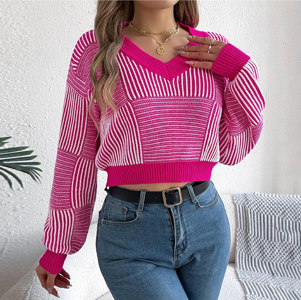 Женский свободный повседневный полосатый свитер с V-образным вырезом и длинными рукавами, топ-пуловер
