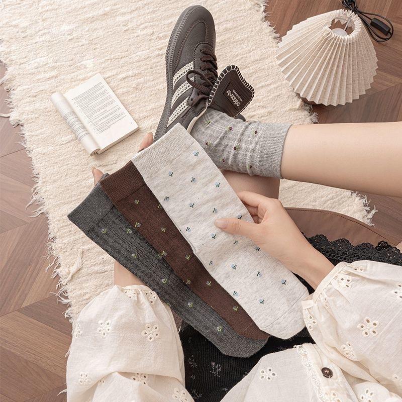 Мягкие носочки с цветочками для осени и зимы, носки средней длины для детей, универсальные и элегантные, носки с начесом и длинные носки.