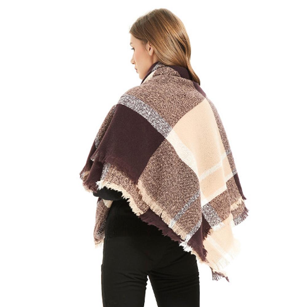 Осенне-зимняя шаль, женский теплый синий клетчатый квадратный шарф