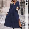Spring Autumn Long Sleeve V Neck Solid Color Women Elegant One Piece Dress