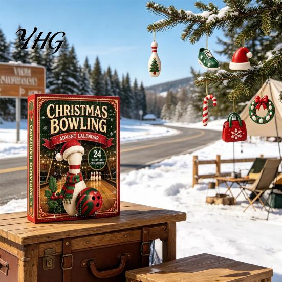 Bowling Enthusiast Novelty Gifts Christmas Advent Calendar with 24 Acrylic Pendants, 2D Flat Theme Holiday Ornaments for Tree Hanging Decorations And