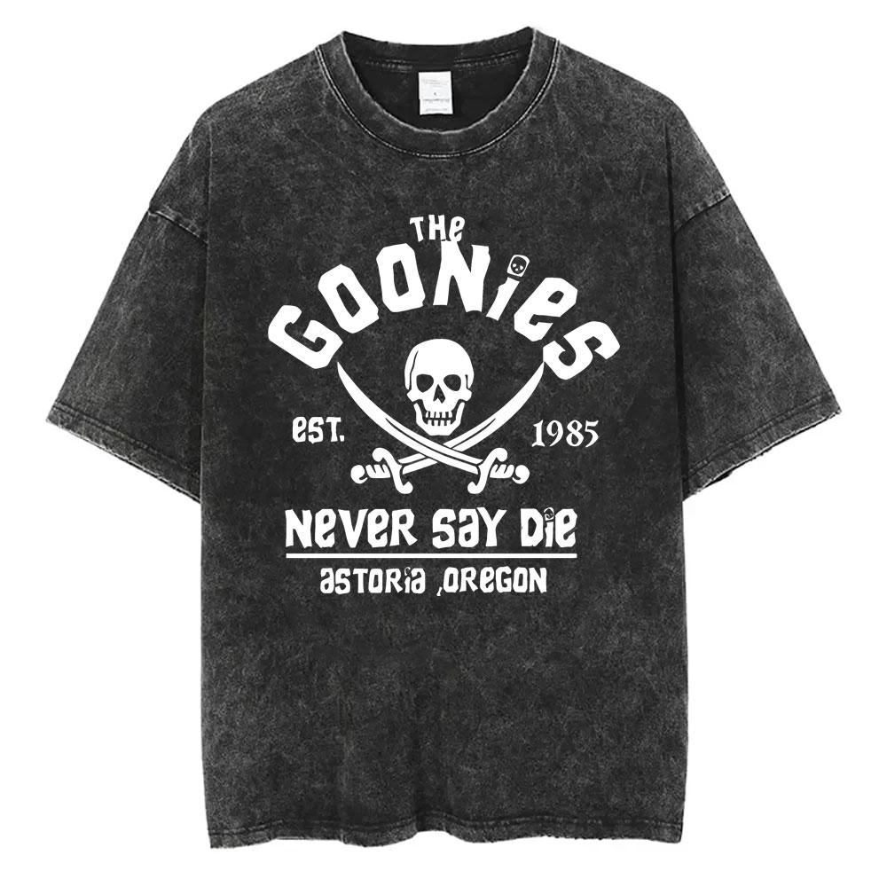 Стирка Винтаж Забавный Фильм The Goonies Никогда Не Сдавайся Двусторонний Принт Футболка Скелет Графика Футболки Мужские Оверсайз Футболки