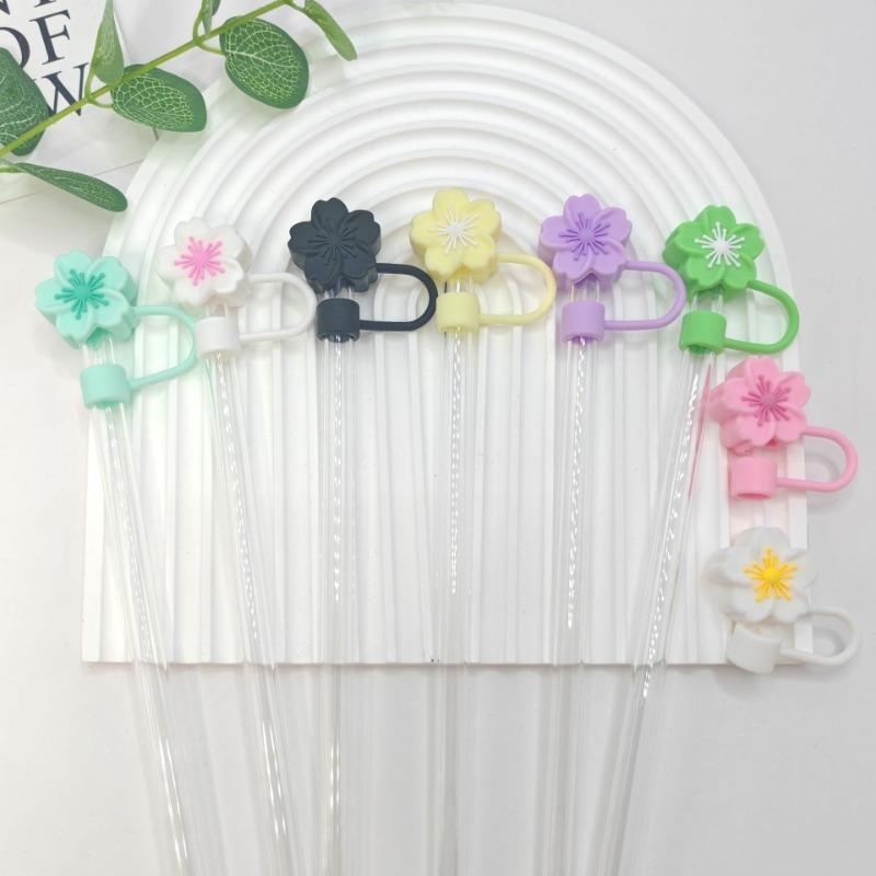 1pcs Straw Cover Cap for Stanley Cup Begonia Flower Dust-Proof Straw Toppers 10mm Reusable Silicone Straw Tips Lids Party Decor