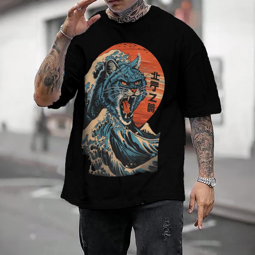 Японская мужская футболка Ukiyo-E и футболка с принтом кота, повседневные свободные футболки с короткими рукавами, мужская одежда большого размера, топы