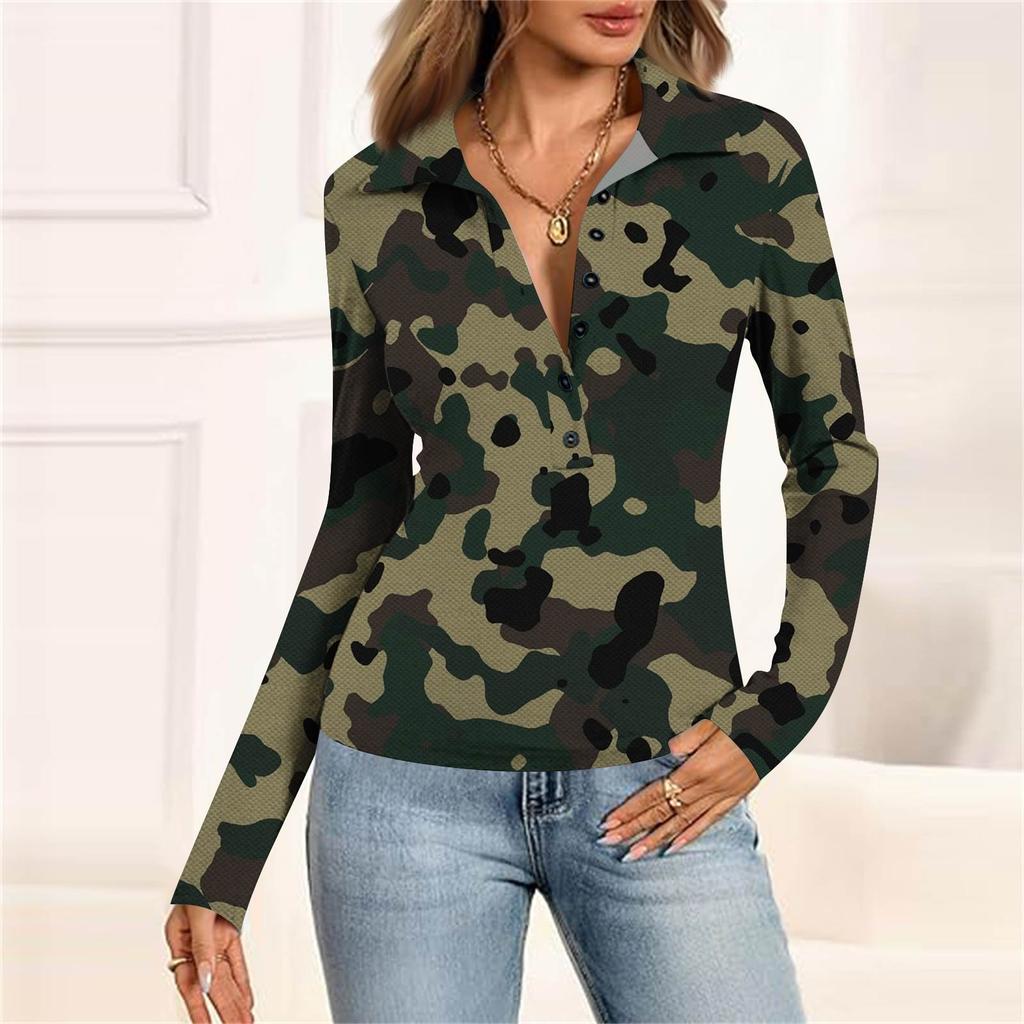 Женская мода Повседневный принт V-образный вырез Длинный рукав Застегивающаяся на пуговицы блузка