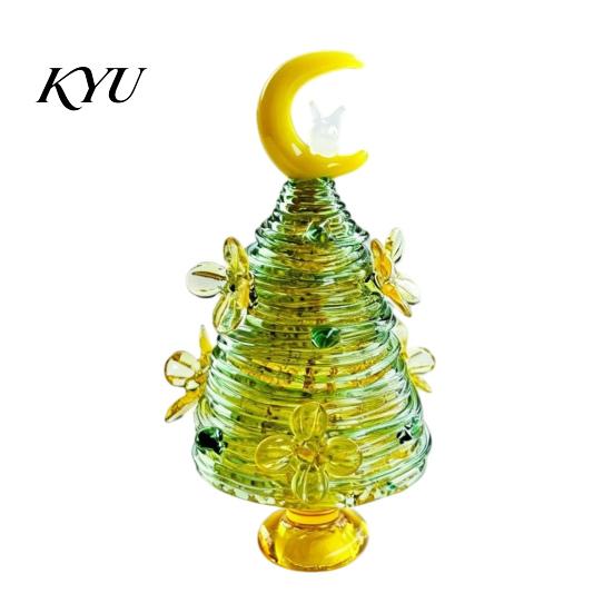 Colorful Glass Tree for Home Glazed Christmas Figurine with Star Moon Decor, Rotating Handmade Ornament Wire Wrapped Desk Mini Holiday Tabletop