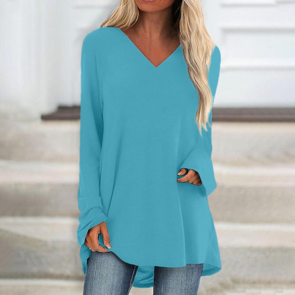Women's Fashion Casual T-shirt Solid Color Long Sleeve V-neck Medium Long Top