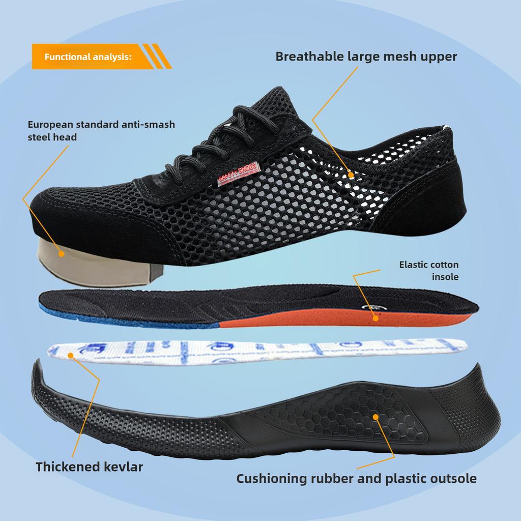 summer safety shoes black breathable mesh work shoes lightweight safety sneaker for men steel toe safety boots for women ladies