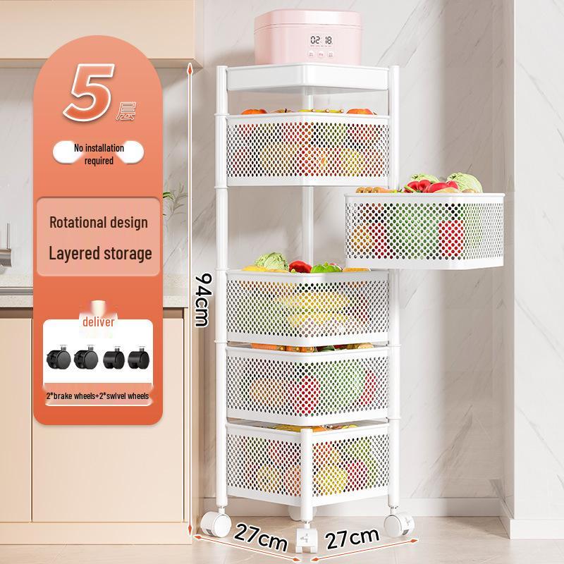 Вращающаяся многофункциональная кухонная тележка на колесах - Напольная многоярусная стойка для хранения закусок, фруктов и овощей