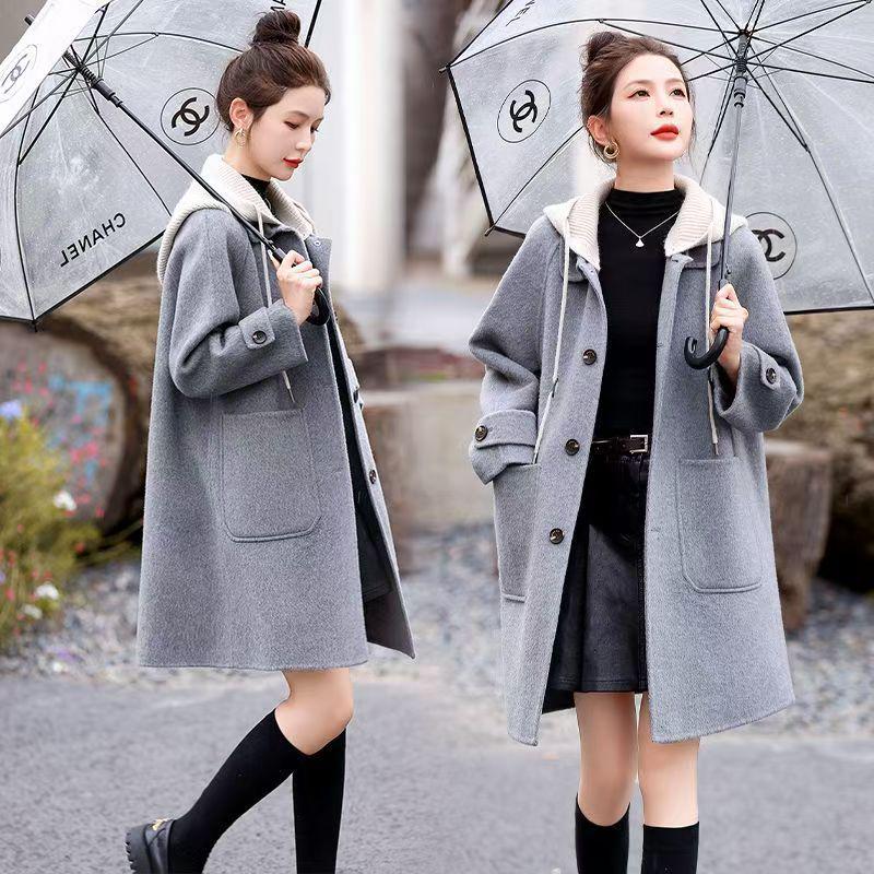 Женское шерстяное пальто с капюшоном большого размера - средней длины, свободного кроя, высококачественное повседневное для осени и зимы
