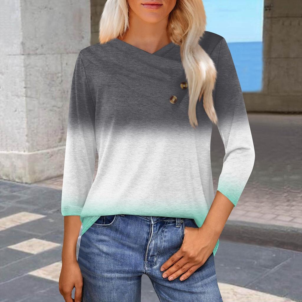 Женская модная повседневная футболка с принтом в виде градиента, рукавами-семиточками, V-образным вырезом и застежкой на пуговицы