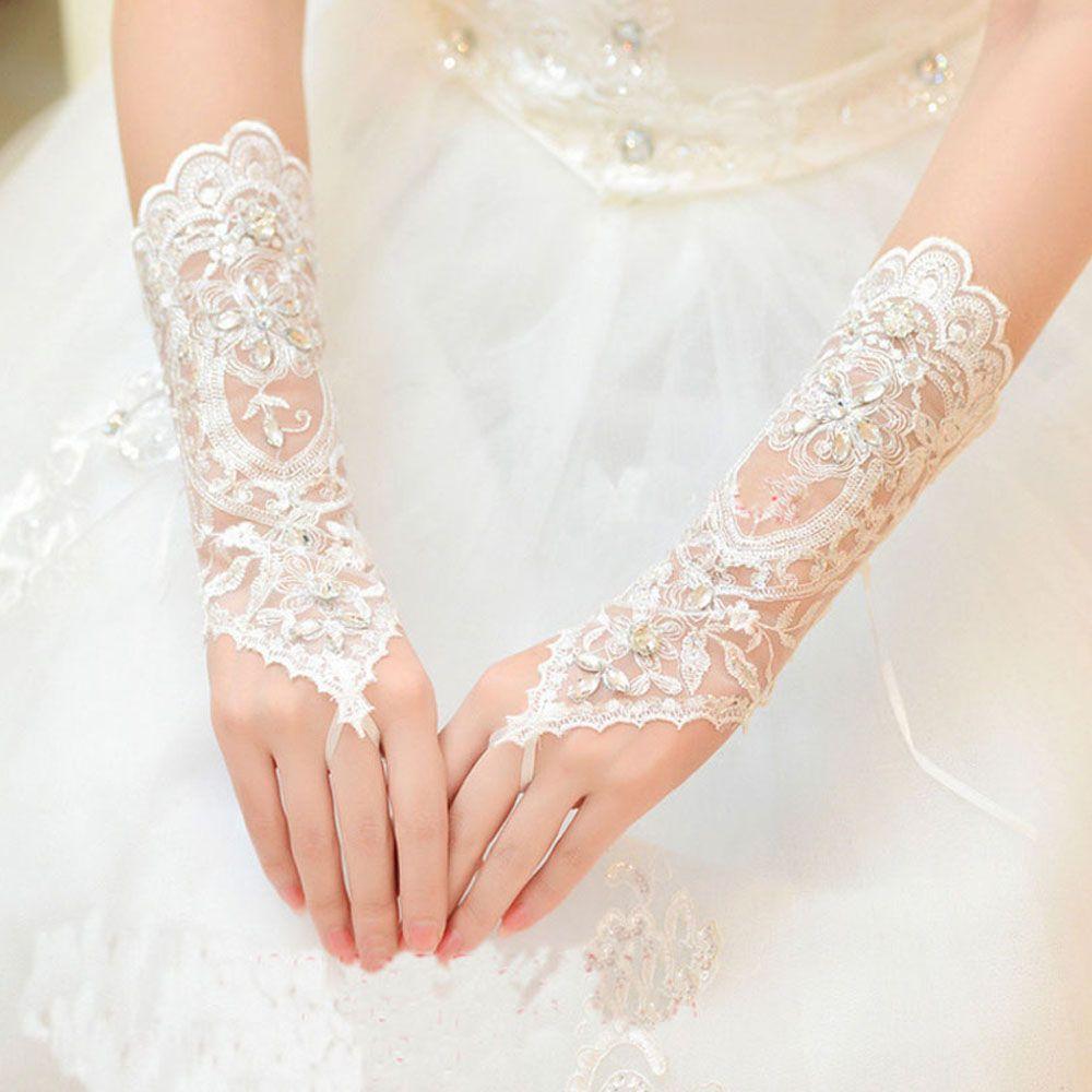High Quality Dress Bride Wedding Beads Rhinestone Fingerless Gloves Short Gloves Lace