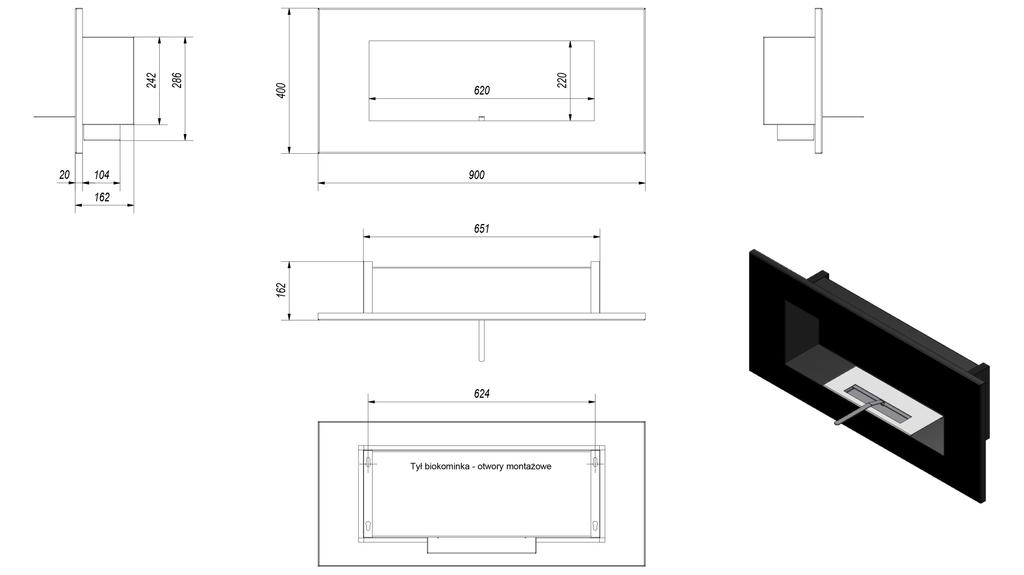 Wall Mounted Bioethanol Fireplace DELTA 2 Black with Glazing TÜV
