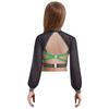 Girls Rhinestone Color Block Crop Top Mock Neck Sheer Mesh Long Sleeves Strappy Cutout Back for Figure Skating Performance Wear