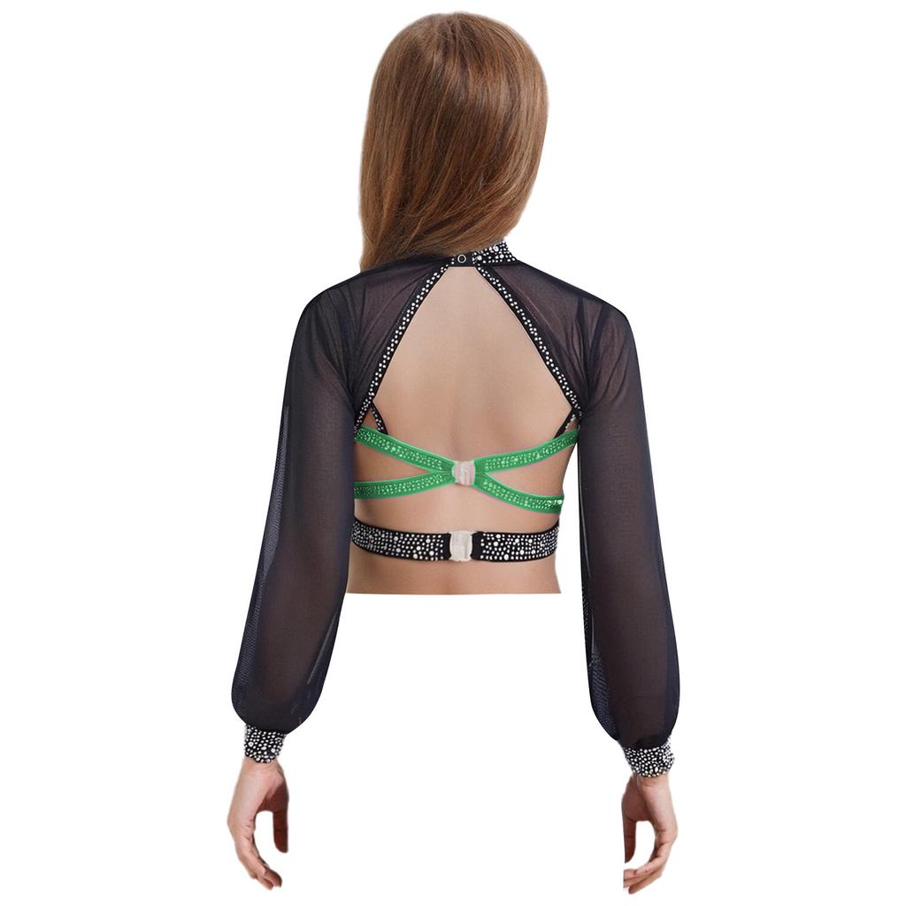 Girls Rhinestone Color Block Crop Top Mock Neck Sheer Mesh Long Sleeves Strappy Cutout Back for Figure Skating Performance Wear