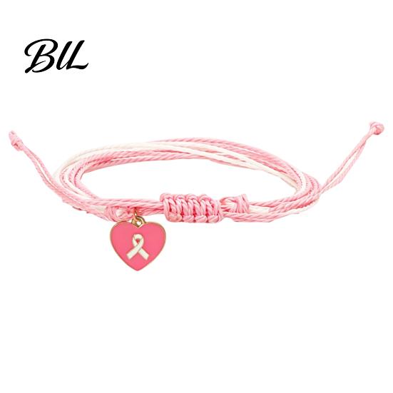 Adjustable Braided Bracelet Breast Cancer Awareness for Women, Woven String with Lightweight Daily Wear Wristband Ribbon Charm, Handmade Rope Survivor