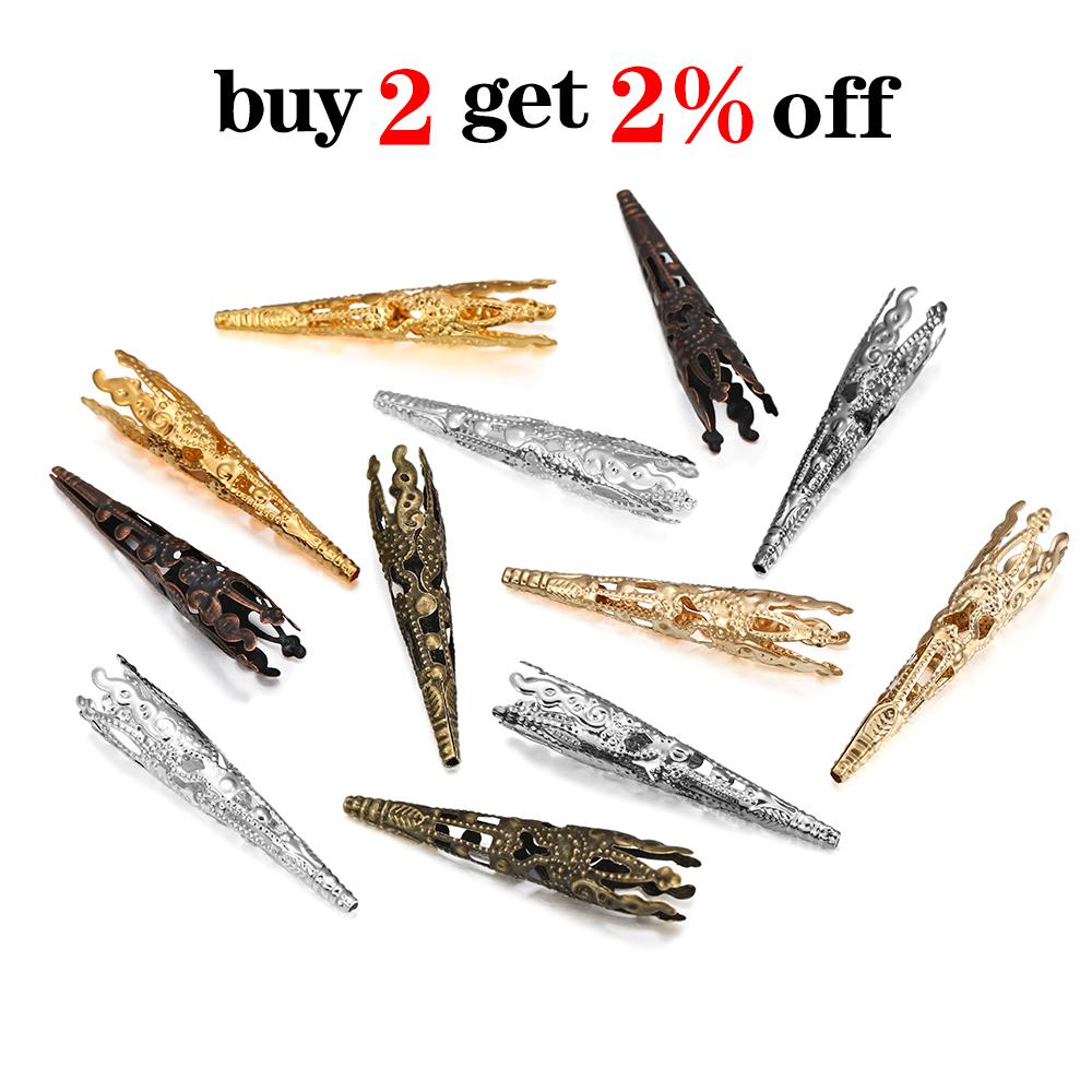 30pcs/Lot 42X8mm Alloy Bugle Filigree Caps End Bead Hollow Out Flower Cone Crystal Pendant Connector For Jewelry Making Supplies