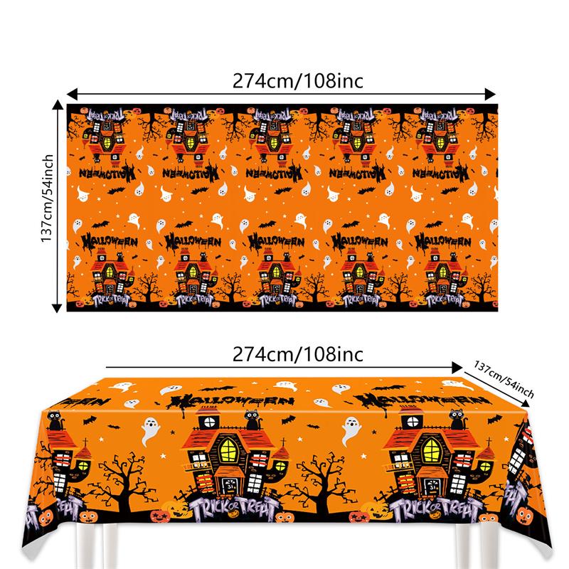 Halloween Fright Night Tablecloth: Pumpkin Ghost Castle Design, Disposable PE Material
