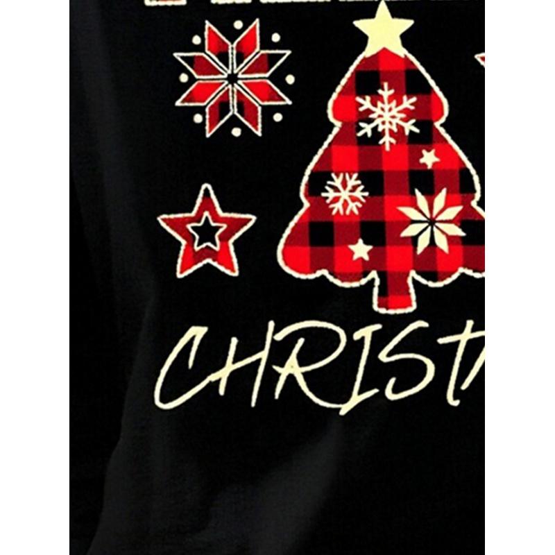 Girls' Black Christmas Sweatshirt with Red Plaid Christmas Tree & Snowflake Print round Neck Long Sleeve Festive Top for Kids