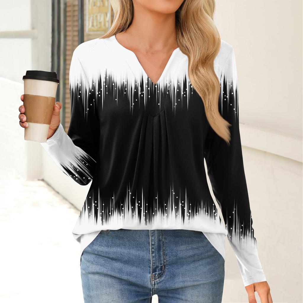 Women's Fashion Casual Long Sleeve Shirt Geometry Printed V Neck Up Tops