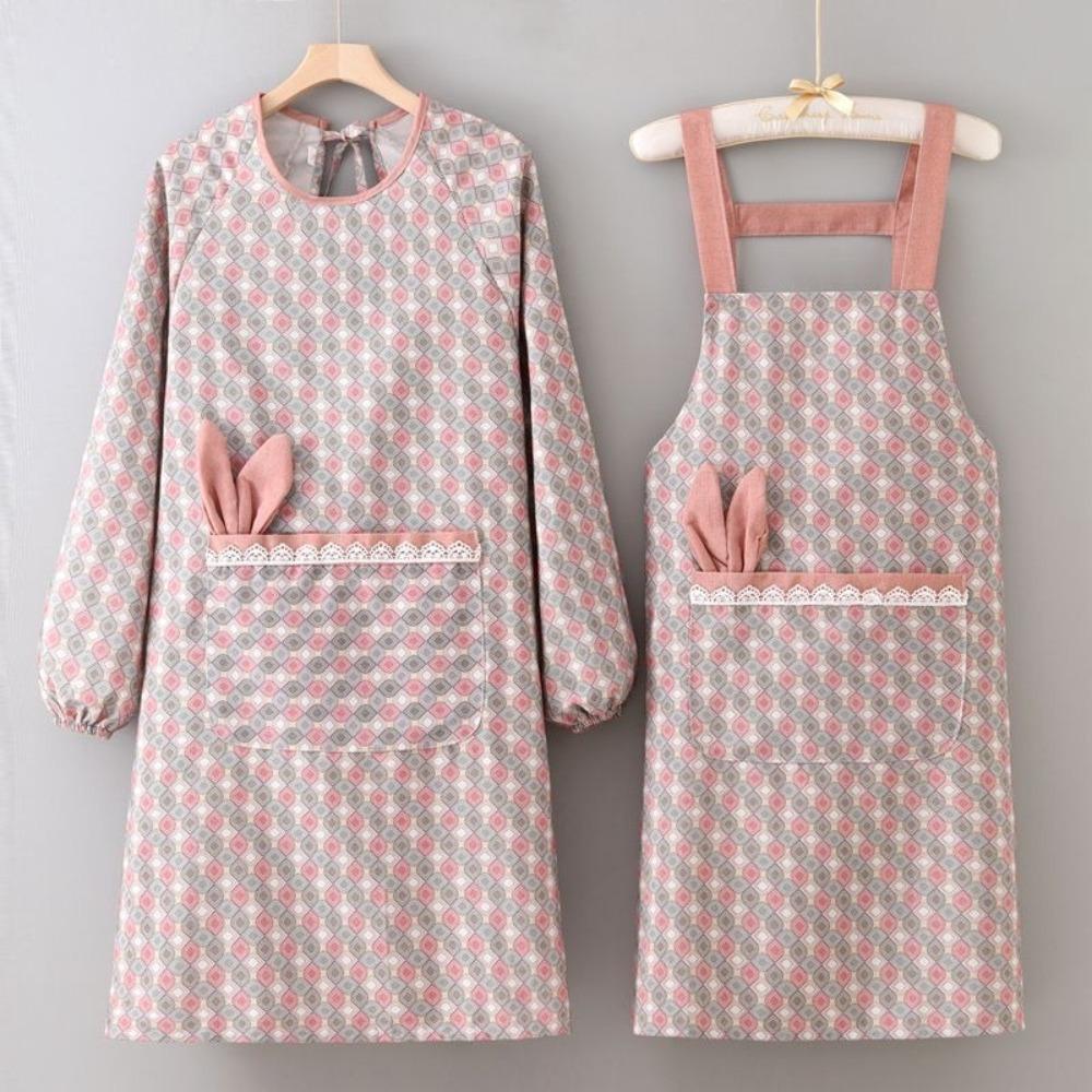 Fashion Cute Cooking Apron Canvas Large Pockets Baking Overalls Rabbit-ear Pattern Oil-Proof Household Apron for Adult